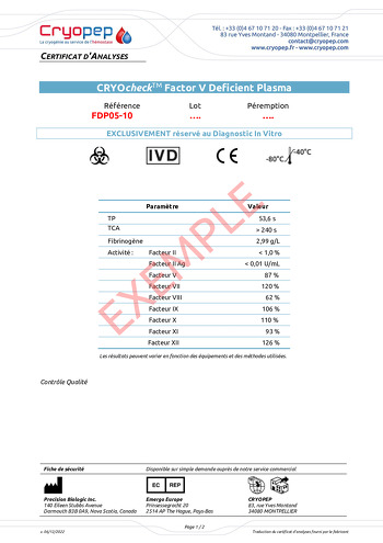 Certificat d'analyses CRYOcheck™ Factor V Deficient Plasma 